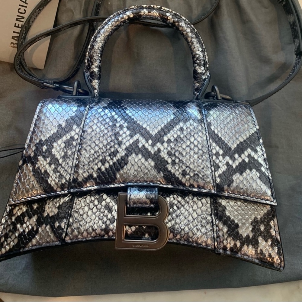 Balenciaga XS Hourglass snakeskin leather top handle bag in black and silver - Picture 3 of 8